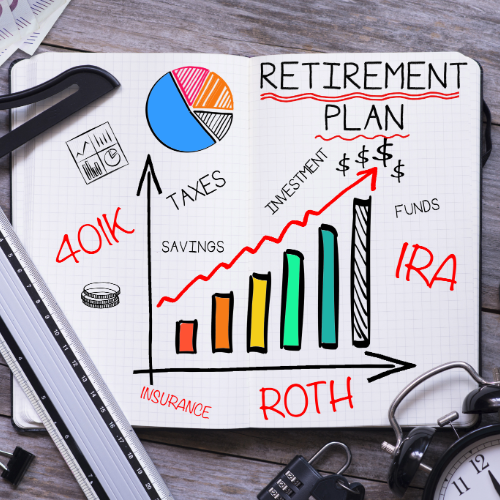 Illustrated retirement planning notebook with savings and investment chart